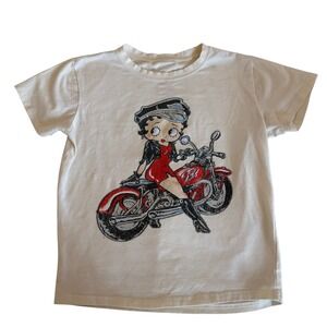 Fleischer Studios Betty Boop Biker Motorcycle Graphic T-Shirt Cream Large